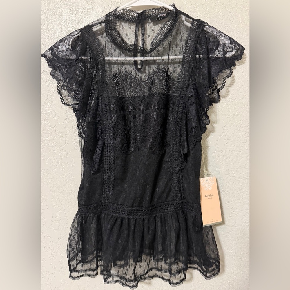Black Lace Sheer Yoke Women's Blouse by Blosher